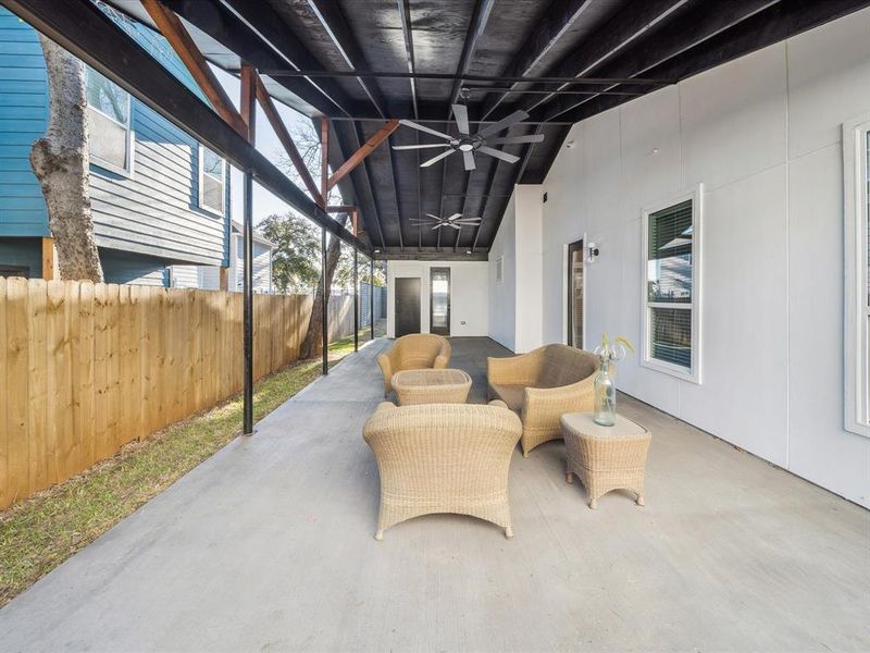 View of patio with ceiling fan