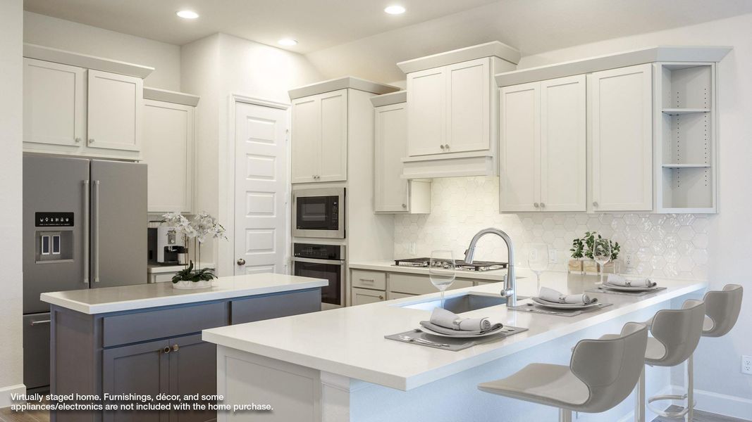 Kitchen with backsplash, open shelves, stainless steel appliances, light countertops, and recessed lighting Kitchen with backsplash, open shelves, stainless steel appliances, light countertops, and recessed lighting