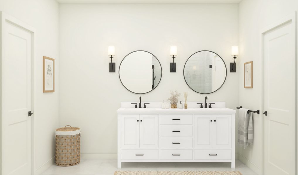 Primary bath with dual sinks and matte black fixtures throughout