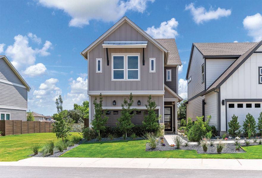 Representative exterior photo of a completed home built from the The Fawn by David Weekley Homes in The Twilight at Goodnight Ranch, Austin, TX (Image 1). Representative exterior photo of a completed home built from the The Fawn by David Weekley Homes in The Twilight at Goodnight Ranch, Austin, TX (Image 1).