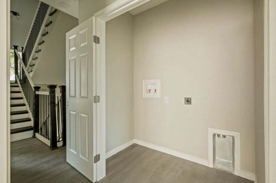 Washroom with hookup for a washing machine, dark wood-style flooring, and electric dryer hookup