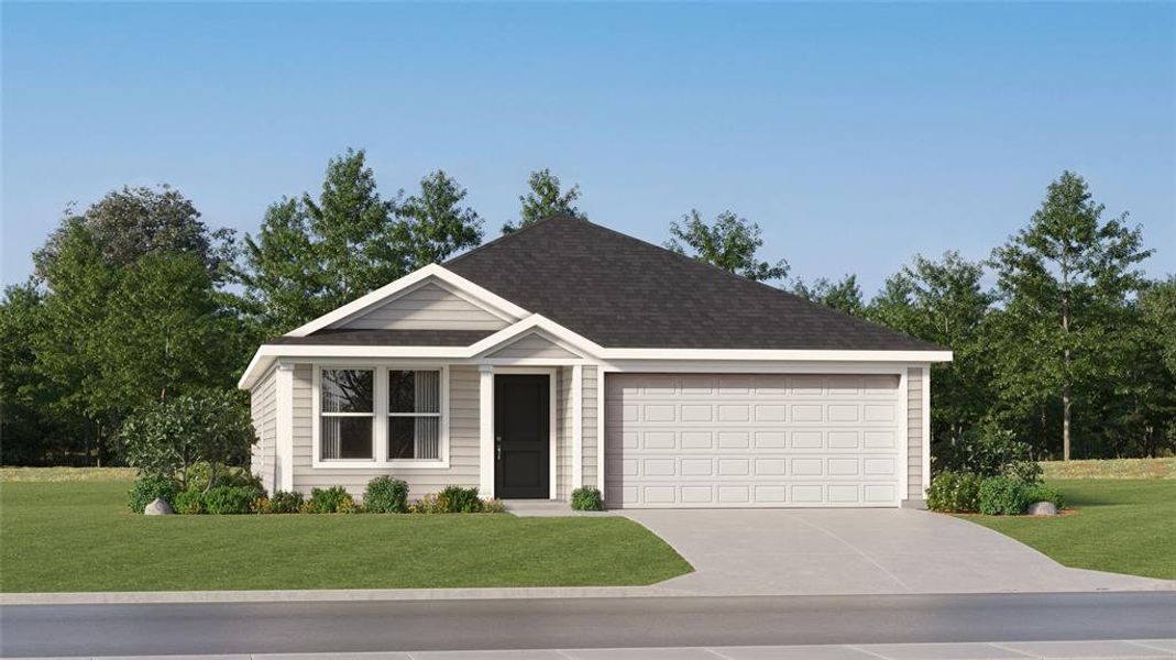 View of front of house featuring a front lawn, concrete driveway, roof with shingles, and a garage