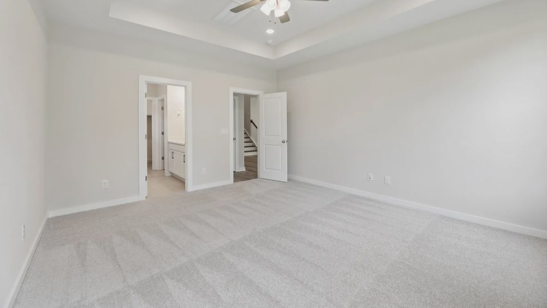 Primary suite with tray ceiling and carpet