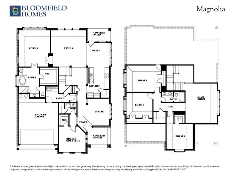 Bloomfield Homes Magnolia floor plan showing two-story layout with five bedrooms, game room, and two-car garage. Bloomfield Homes Magnolia floor plan showing two-story layout with five bedrooms, game room, and two-car garage.