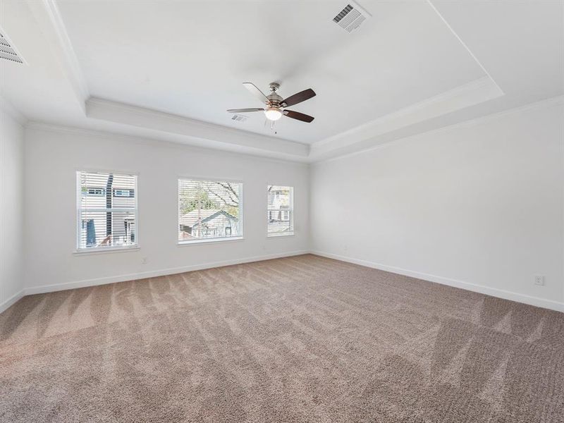 The Primary Bedroom, which features an abundance of light, and is extremely spacious. The bedroom comfortably fits a king-sized bed and still allows plenty of room to play with. (Sample photos of a completed Warwick floor plan. The image may feature alternative selections and/or upgrades.)