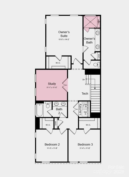 Second Floor Plan - Additional highlights include: study in place of a loft and built-in ledge in the primary shower Second Floor Plan - Additional highlights include: study in place of a loft and built-in ledge in the primary shower