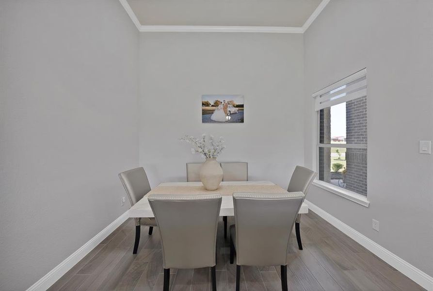 Dining area featuring crown molding, baseboards, and wood finished floors Dining area featuring crown molding, baseboards, and wood finished floors