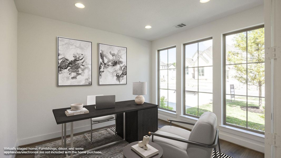 Home office with wood finished floors and recessed lighting Home office with wood finished floors and recessed lighting