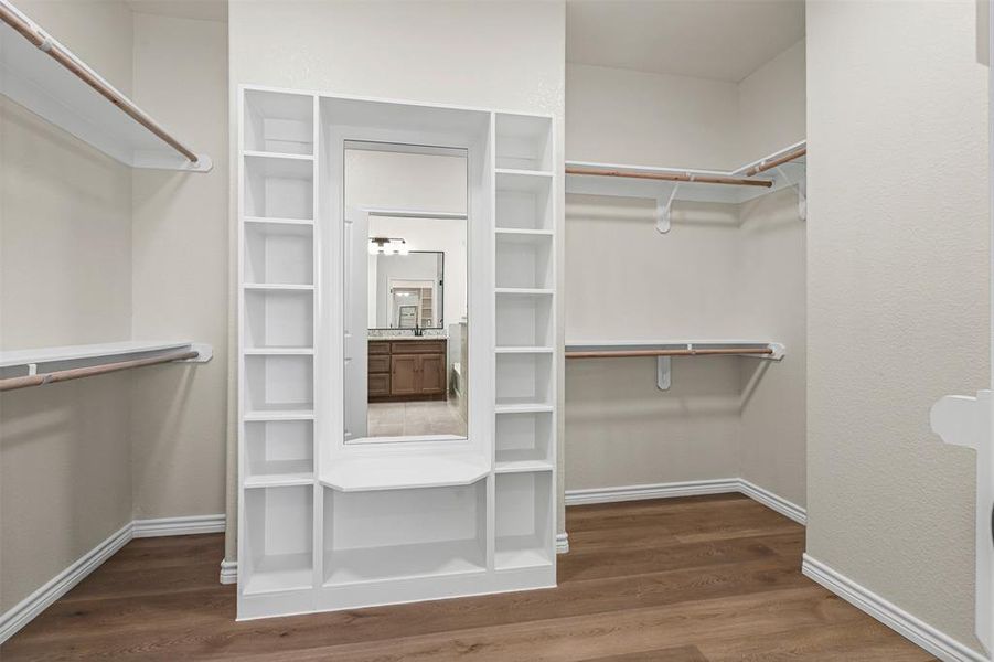 Walk in closet featuring dark wood-style flooring