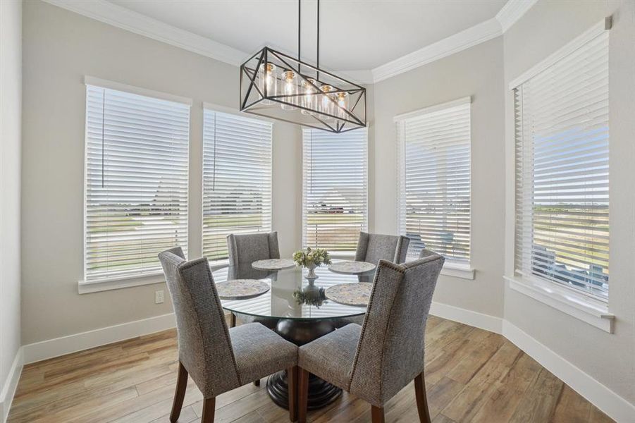 Breakfast nook featuring crown molding, light wood-look ceramic tile flooring, and healthy amount of natural light