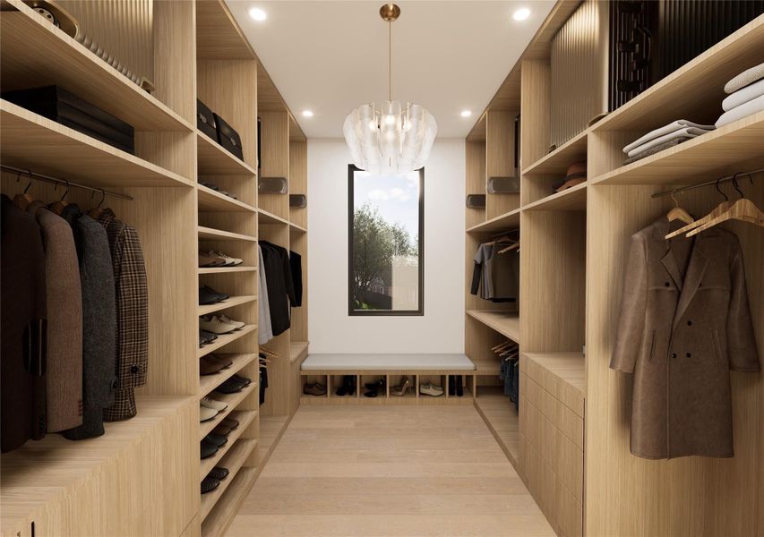 Designed with intention and impeccable organization, this expansive walk-in closet features open shelving, integrated drawers, and dedicated shoe displays. Warm wood tones and a built-in bench transform daily routines into a refined experience. Designed with intention and impeccable organization, this expansive walk-in closet features open shelving, integrated drawers, and dedicated shoe displays. Warm wood tones and a built-in bench transform daily routines into a refined experience.
