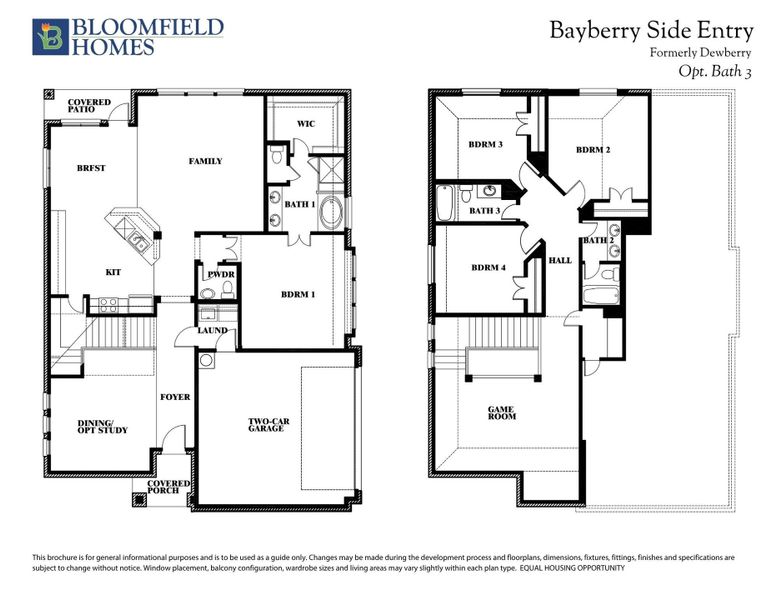 Bloomfield Homes Bayberry Side Entry two-story floor plan with four bedrooms, game room, and two-car garage.