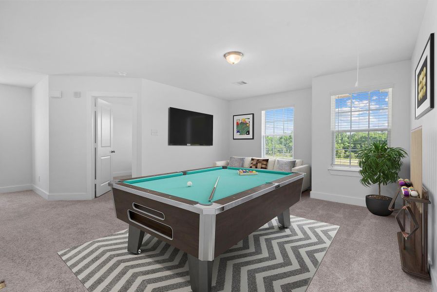 Virtually staged for entertainment! This spacious upstairs game room is perfect for movie nights, billiards, or game-day gatherings. Large windows provide great natural light and an open, inviting atmosphere. Virtually staged for entertainment! This spacious upstairs game room is perfect for movie nights, billiards, or game-day gatherings. Large windows provide great natural light and an open, inviting atmosphere.