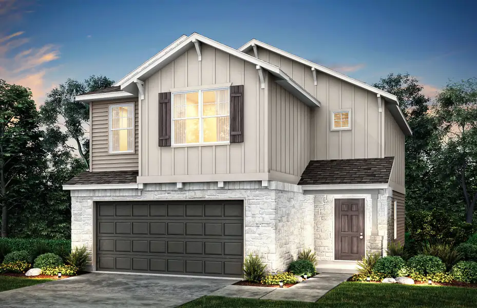 Front exterior of a new home in Sunfield, Buda, TX, highlighting curb appeal (Image 17).