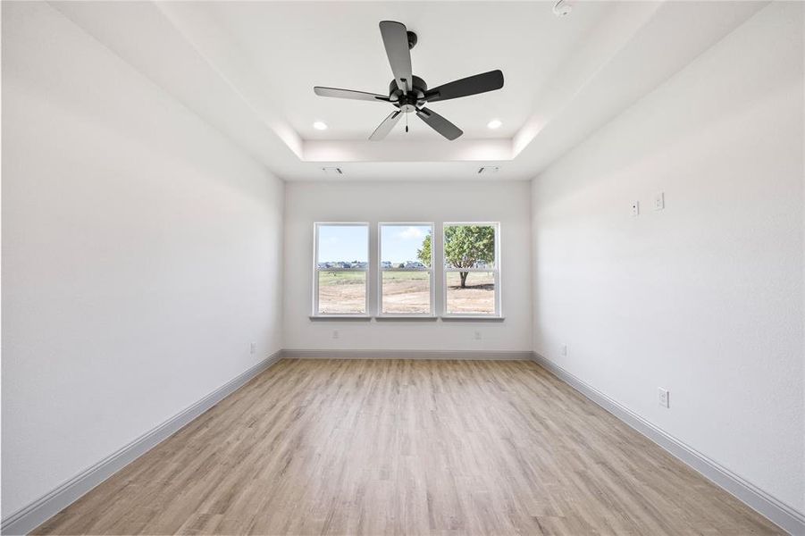Spare room with light wood-style flooring, a raised ceiling, a ceiling fan, and recessed lighting