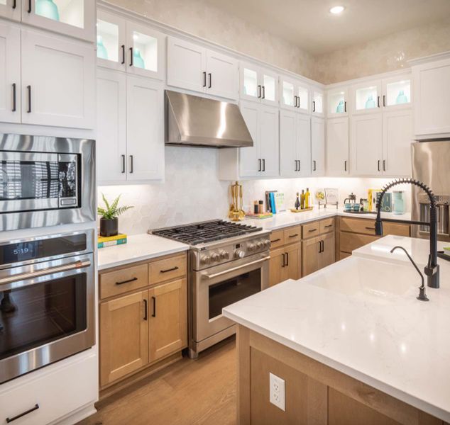 Kitchen with light wood finished floors, a sink, stainless steel appliances, under cabinet range hood, and tasteful backsplash