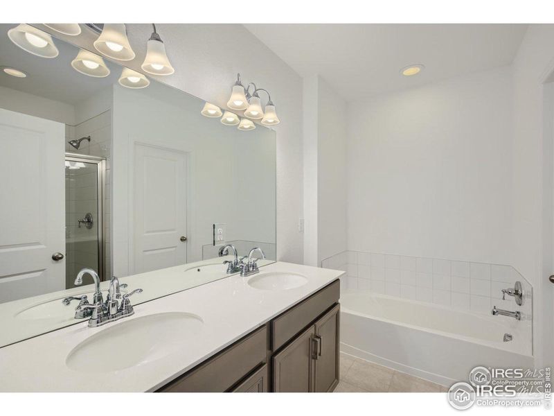 Owner's suite bath and double vanity with quartz