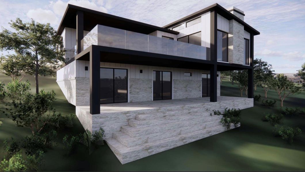 RENDERING - Back of property featuring stone siding, a patio area, a chimney, and a balcony