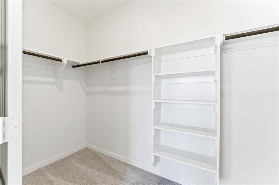 Walk in closet featuring light colored carpet