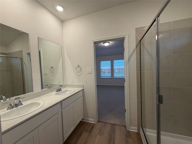 Bathroom with double vanity, a stall shower, and dark wood-style flooring Bathroom with double vanity, a stall shower, and dark wood-style flooring