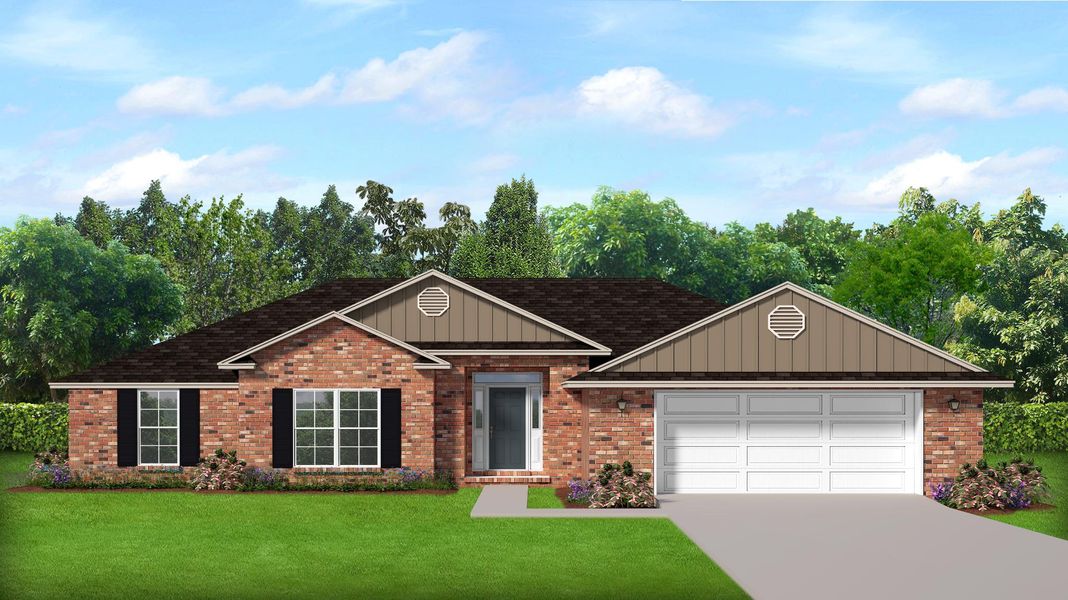 Representative exterior photo of a completed home built from the Plan 1740 by Adams Homes in Ashton View, Crestview, FL (Image 1). Representative exterior photo of a completed home built from the Plan 1740 by Adams Homes in Ashton View, Crestview, FL (Image 1).