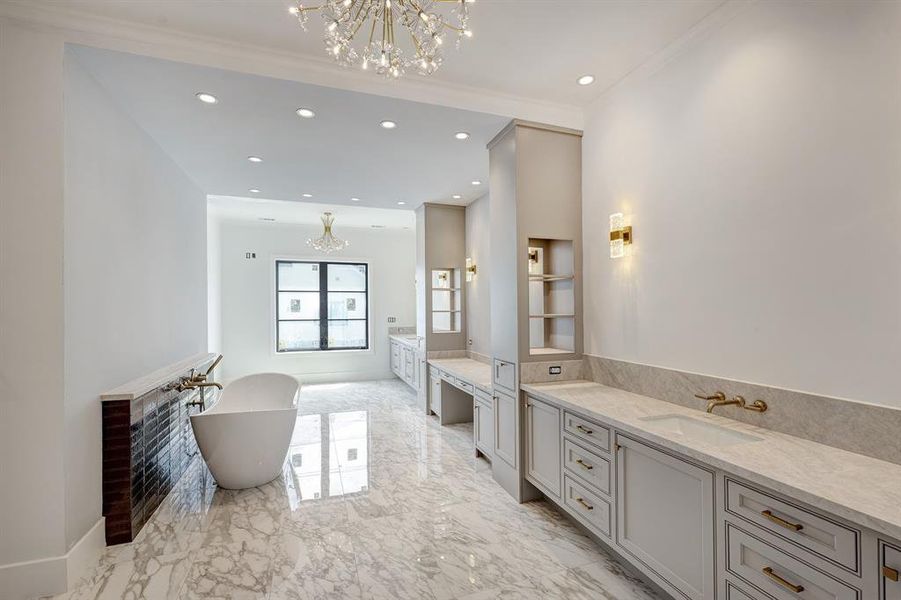 Luxurious primary bathroom as of April 17, 2025. Not pictured is the large tiled shower. Luxurious primary bathroom as of April 17, 2025. Not pictured is the large tiled shower.