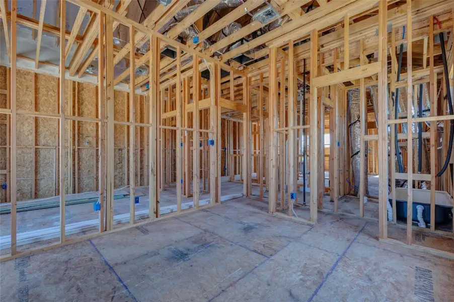Interior framing view showing future bedroom and bath areas with exposed wall studs, ceiling systems, ductwork, and electrical rough-ins. The defined openings and room transitions provide a clear sense of the upper-level layout while showcasing the home’s active construction phase and structural progress. Interior framing view showing future bedroom and bath areas with exposed wall studs, ceiling systems, ductwork, and electrical rough-ins. The defined openings and room transitions provide a clear sense of the upper-level layout while showcasing the home’s active construction phase and structural progress.