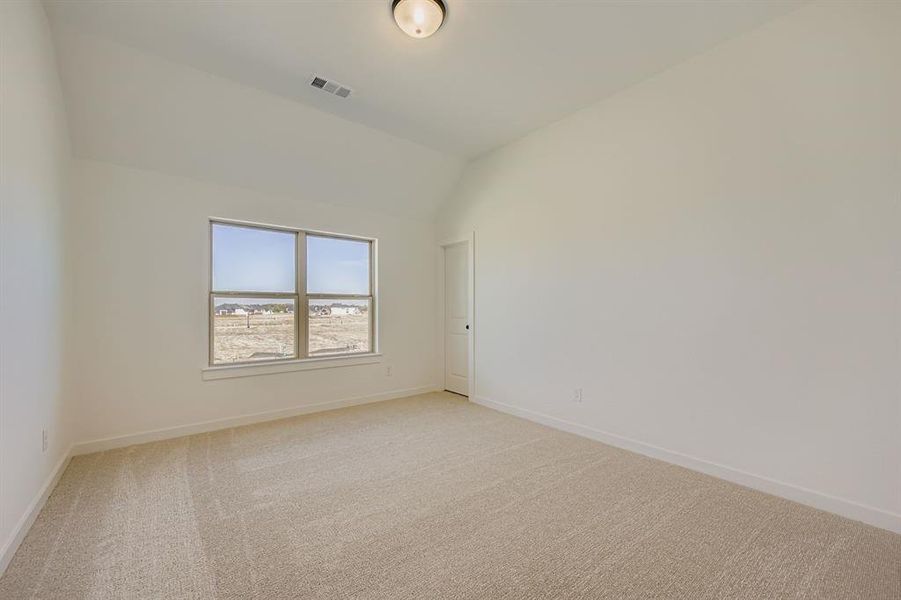 Empty room featuring light carpet and lofted ceiling