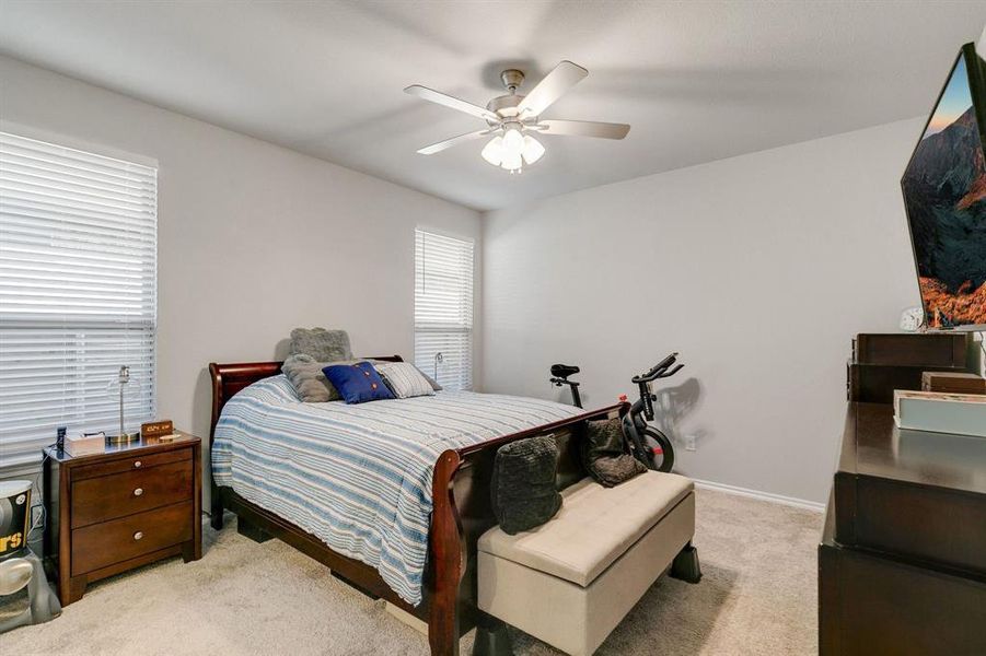 Carpeted bedroom with ceiling fan