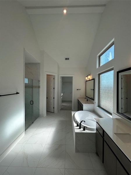 Primary Bath retreat with dual vanities, garden tub & walk-in shower