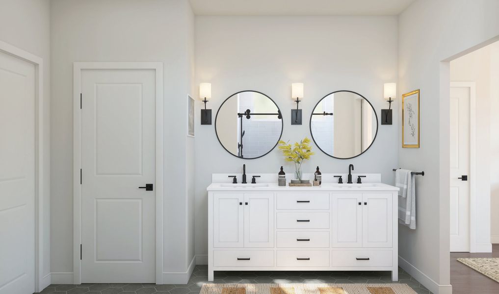 Primary bath with freestanding vanity