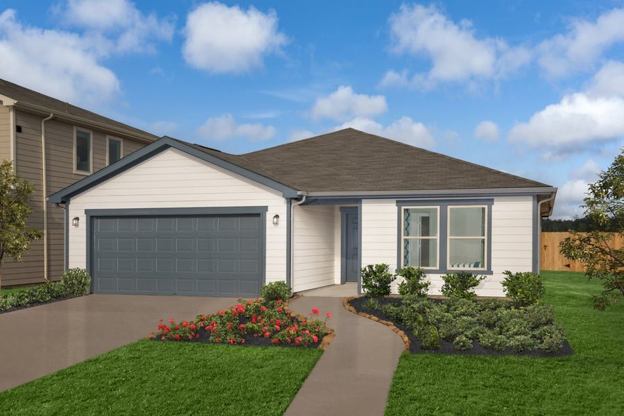 Representative exterior photo of a completed home built from the 1676 Modeled by KB Home in Madera Preserve, New Caney, TX (Image 16). Representative exterior photo of a completed home built from the 1676 Modeled by KB Home in Madera Preserve, New Caney, TX (Image 16).