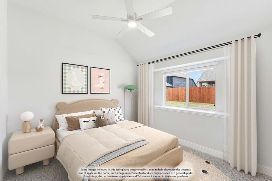 Children's bedroom with vaulted ceiling, ceiling fan, carpet flooring, and large window with curtains