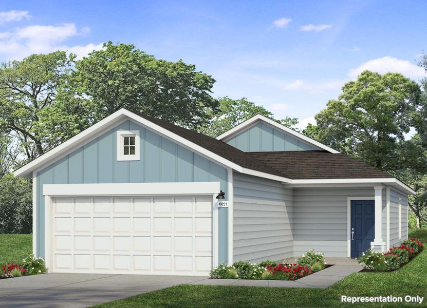 Front exterior of a new home in Cascade, Liberty Hill, TX, highlighting curb appeal (Image 1). Front exterior of a new home in Cascade, Liberty Hill, TX, highlighting curb appeal (Image 1).
