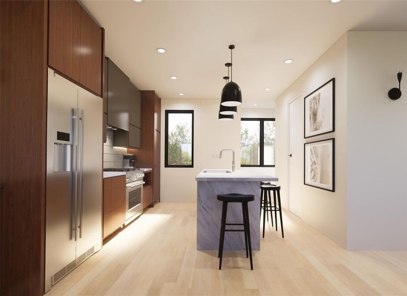 Kitchen with modern cabinets, stainless steel appliances, light wood-type flooring, a breakfast bar, and an island with sink