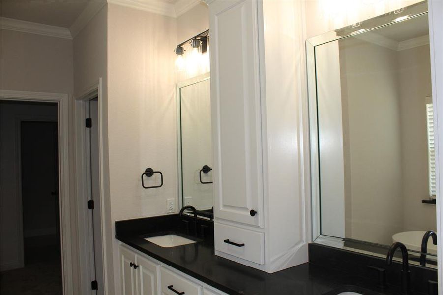 Full bath featuring double vanity and ornamental molding Full bath featuring double vanity and ornamental molding