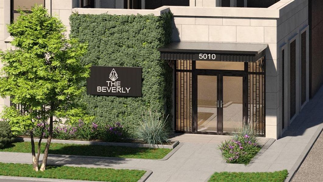 Close Up Perspective of the Lobby & Guest entry for the Beverly - located at 5010 Longmont, between Sage & S Post Oak Lane.