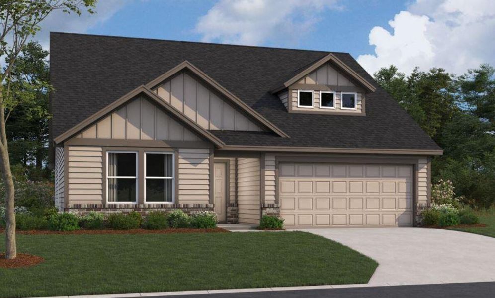 Front exterior of a new home in Cascades at Onion Creek, Austin, TX, highlighting curb appeal (Image 2).