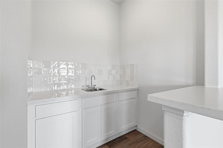 Bar area with white cabinetry, dark wood-style floors, and backsplash