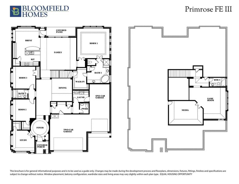 Bloomfield Homes Primrose FE III floor plan showing two floors with three bedrooms, family room, dining, study, and media room. Bloomfield Homes Primrose FE III floor plan showing two floors with three bedrooms, family room, dining, study, and media room.