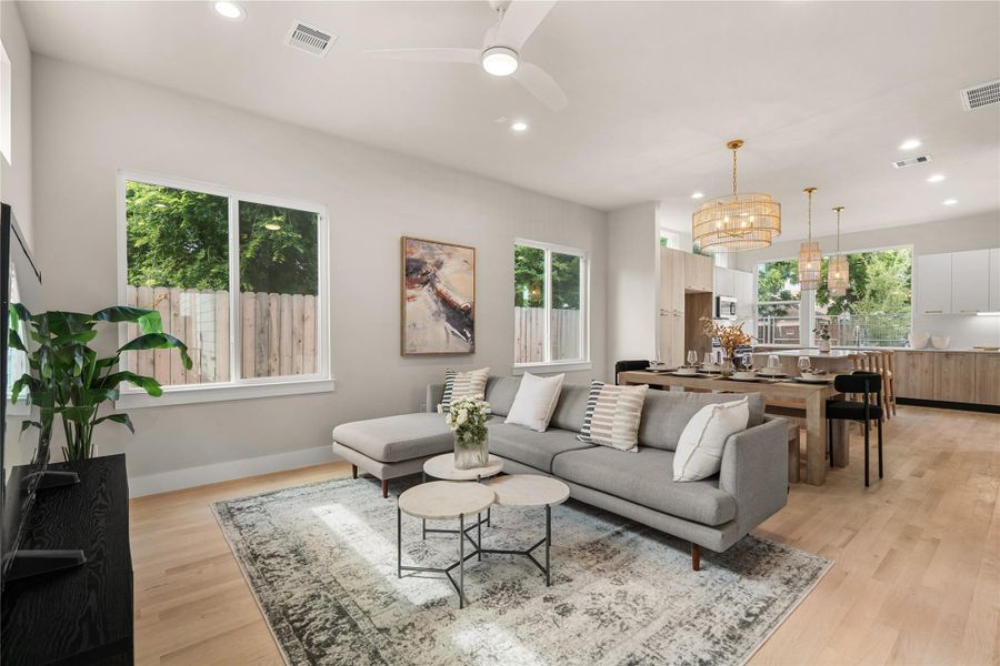 Spacious first-floor living area with abundant natural light & a seamless connection between the kitchen, dining & lounge spaces designed for comfort & everyday living.