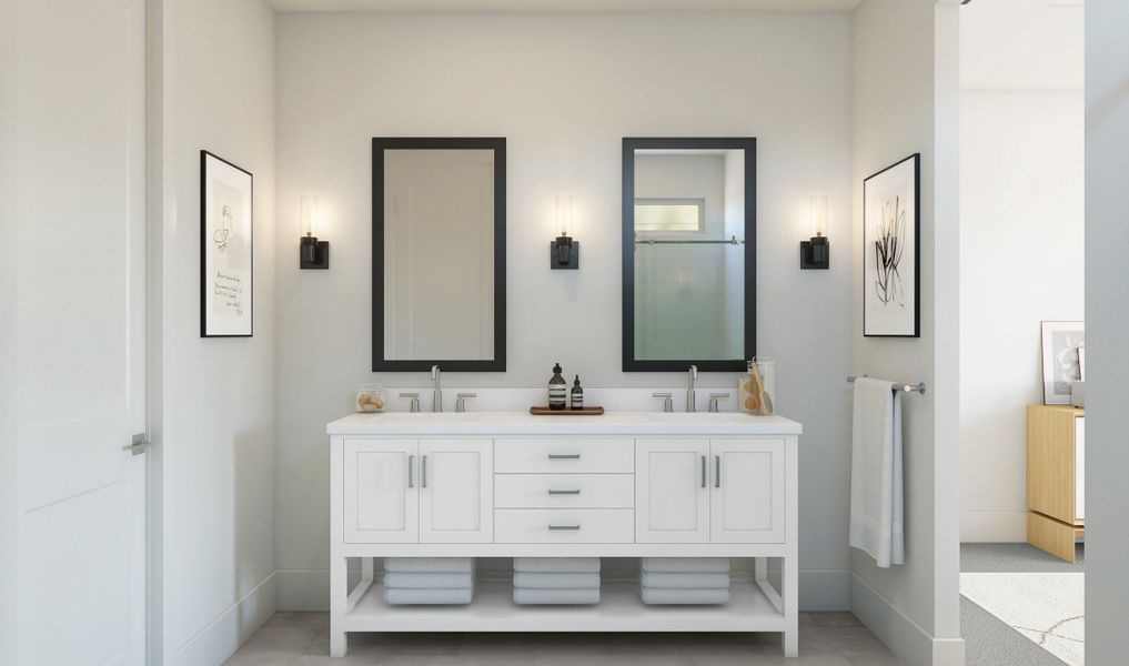 Primary bath with freestanding vanity