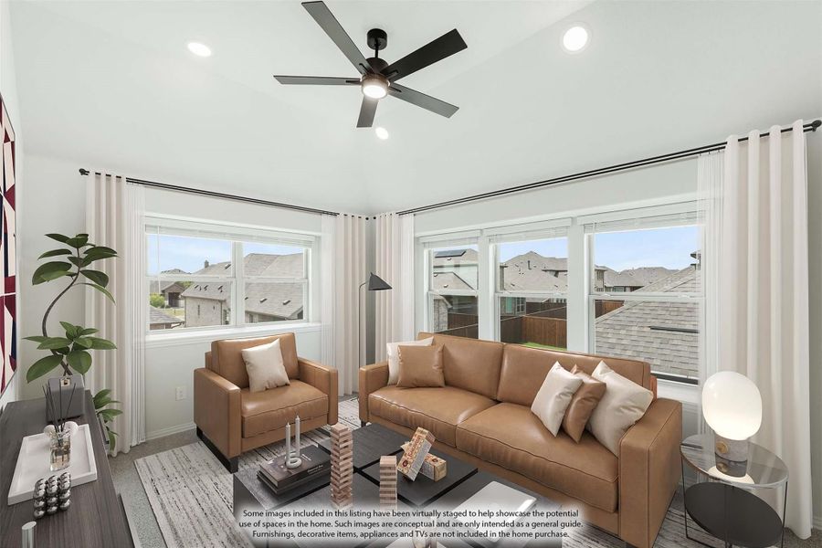 Living room with tan leather sofa, ceiling fan, and large windows with neighborhood views