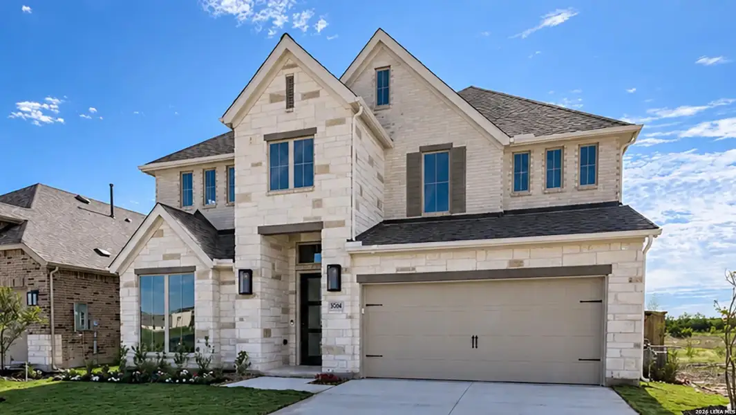 Front exterior of a new home in Mayfair, New Braunfels, TX, highlighting curb appeal (Image 2). Front exterior of a new home in Mayfair, New Braunfels, TX, highlighting curb appeal (Image 2).