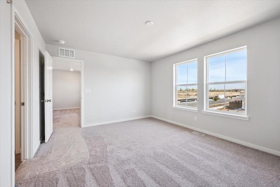 A room with a carpet and windows.