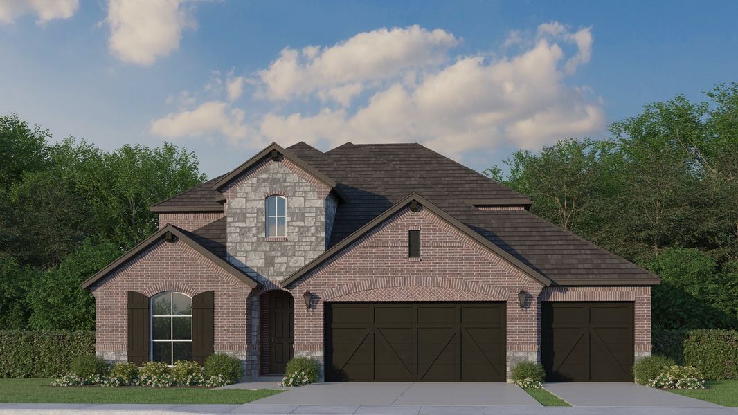 Plan 1527 Elevation A with Stone and 3rd-Car Garage