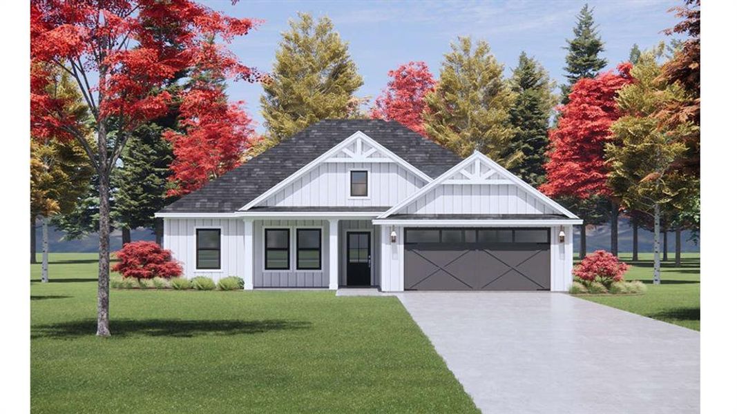 View of front facade featuring board and batten siding, a front yard, driveway, a porch, and a garage View of front facade featuring board and batten siding, a front yard, driveway, a porch, and a garage