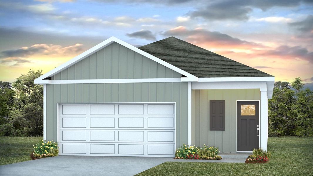 Representative exterior photo of a completed home built from the DOWNING by D.R. Horton in Southshore Bay, Sunset Beach, NC (Image 2).