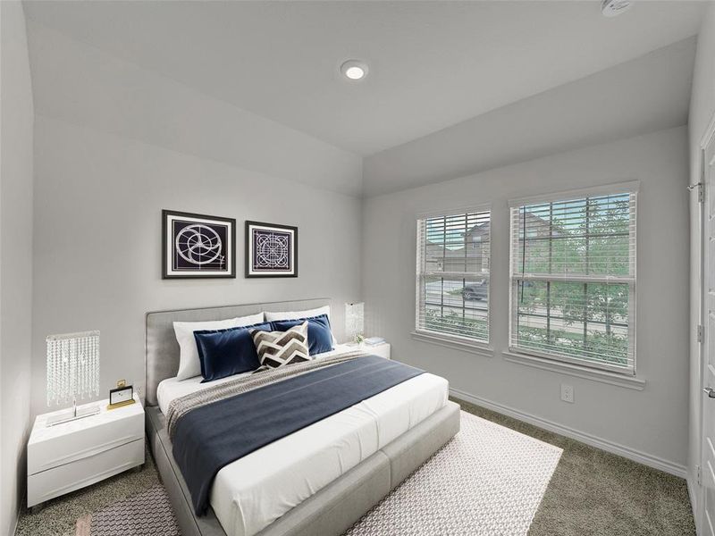 Bedroom featuring baseboards, recessed lighting, lofted ceiling, and carpet flooring
