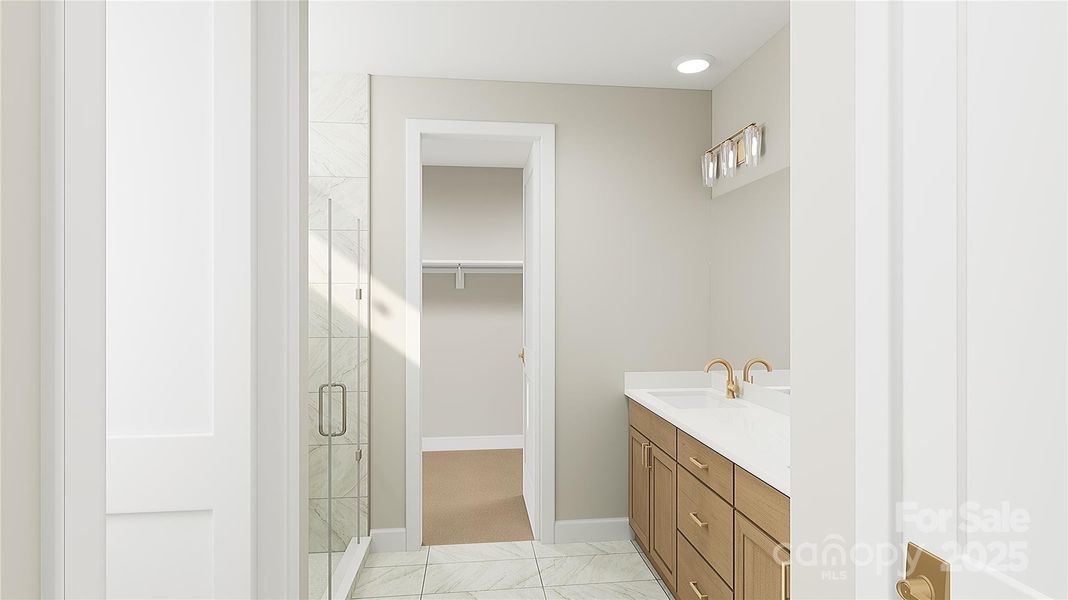 Primary En Suite Bath Featuring Modern Tile Design. *Virtual Rendering | Actual Finishes, Structural Selections, and Orientation May Vary.